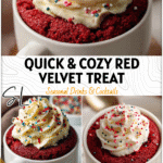 A rich Red Velvet Mug Cake served in a white mug with cream cheese frosting and sprinkles.